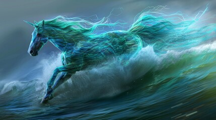 An ethereal unicorn made from holographic water strides across the ocean, its mane and tail a torrent of glowing waves that merge with the sea. - obrazy, fototapety, plakaty