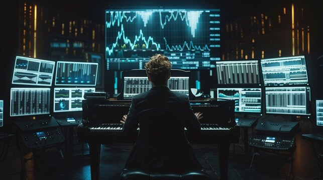 A composer sits surrounded by multiple screens displaying graphs and charts, translating financial data into a complex fugue on a grand piano