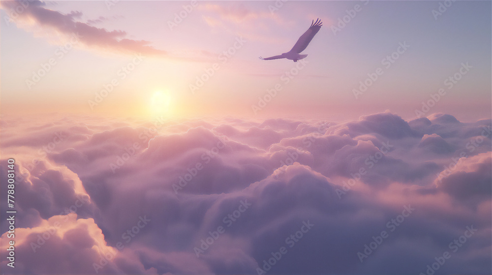 Wall mural dramatic sea of clouds with bald eagle in sunrise sky - Wall murals