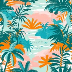 Fototapeta na wymiar Pastel palms and ocean hues in a tranquil beach scene.