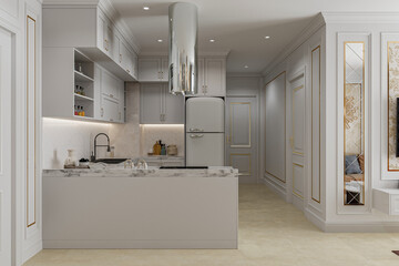 Side view on bright kitchen room interior with cupboard, island