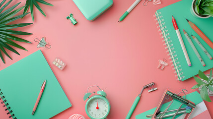 Green school supplies on a pink background with copy space for text. An aerial photo of stationery