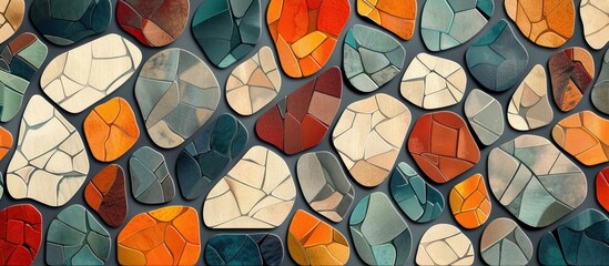 An art fixture composed of colorful rocks arranged in a pattern on a wall. The tints and shades create a visual arts event, with glass circles adding symmetry - obrazy, fototapety, plakaty
