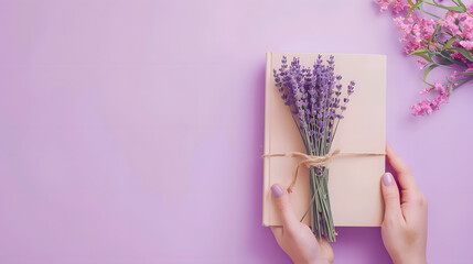 Hand holding books with lavender flowers tied on a lilac background