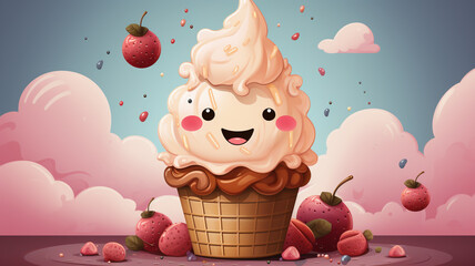 A cute and playful logo icon of a winking ice cream cone on a pastel background.
