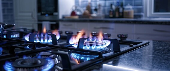 Zoom in for a detailed look at the gas cooker, its vibrant blue flame casting a warm glow in the kitchen as culinary magic unfolds. - obrazy, fototapety, plakaty