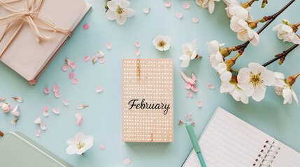 Interpreting the word "February", minimalist flat lay spring backdrop with a pastel sapphire and amethyst color scheme