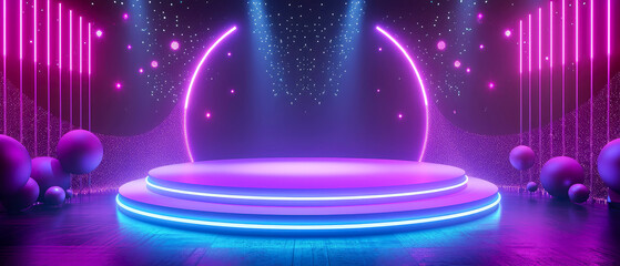 Obraz premium Neon futuristic scene with podium or stage, purple, blue, pink spotlights, rays, abstract shapes, glowing particles. Product presentation background. Generative ai