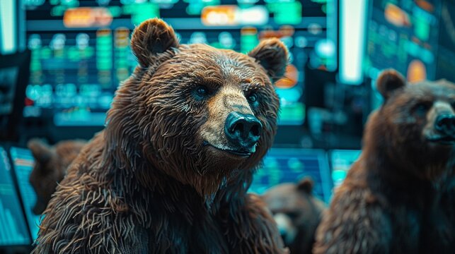 A group of bears, standing on a simulated trading floor, learn to navigate the bear market with resilience Theyre surrounded by screens displaying stock tickers and economic forecasts