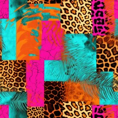 Vivid neon pink and electric blues clash with the wild patterns of leopard spots in a striking and contemporary patchwork design.