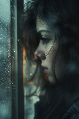 A woman with long dark hair is looking out a window