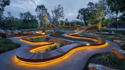 A park where the pathways and planters are integrated with microbial fuel cells that generate clean energy from the soil and plant roots Children play and learn about renewable energy - obrazy, fototapety, plakaty