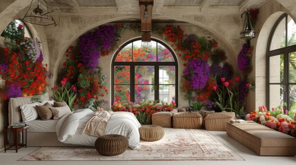 Fototapeta na wymiar A spacious bedroom featuring an array of vibrant flowers adorning the walls and a grand, expansive bed occupying the center of the room The room is further accentuated by