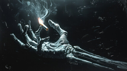 Skeleton Smoking a Cigarette in the Dark - obrazy, fototapety, plakaty