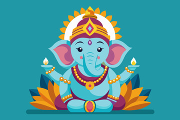 Lord Ganpati on Ganesh Chaturthi flat vector illustration in the yoga lotus position. concept - festival of India, religion