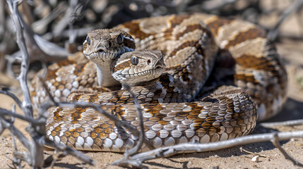 Two snakes are curled up next to each other on the ground