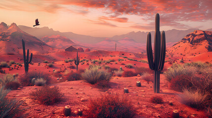 Red ambiance in an autumn desert landscape with cacti and tumbleweeds