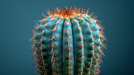   A green cactus with yellow tips and a blue sky in the background is seen in this close-up photograph - obrazy, fototapety, plakaty
