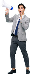 Young handsome Asian man in formal business suit holding megaphone PNG file no background 