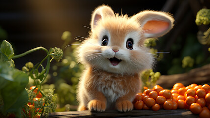 A cute cartoon logo of a fluffy bunny holding a carrot.
