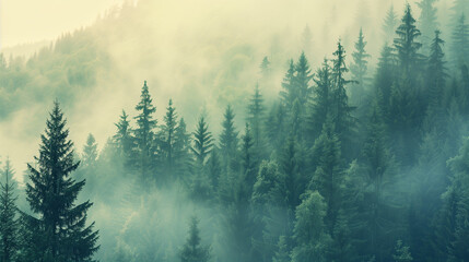 Fototapeta premium Misty landscape with fir forest in hipster vintage retro style