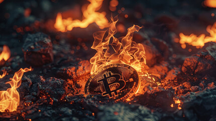 Burning Bitcoin, Digital Artwork Depicting Crypto in Flames - obrazy, fototapety, plakaty