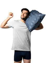 Smiling Caucasian man with pillow PNG file no background 