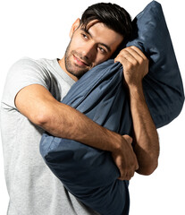 Caucasian man hugging soft pillow PNG file no background 