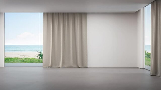 Blank wall on empty concrete floor of large living room in modern house or luxury villa. Minimal home interior 3d rendering with beach and sea view.