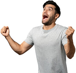 Gleeful Caucasian man with clenched fists PNG file no background 