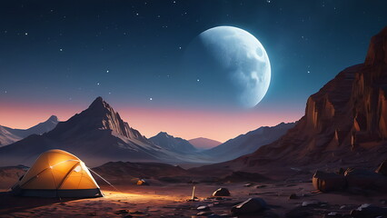Fototapeta na wymiar Stunning Moonrise Over mountain Landscape with camp ground