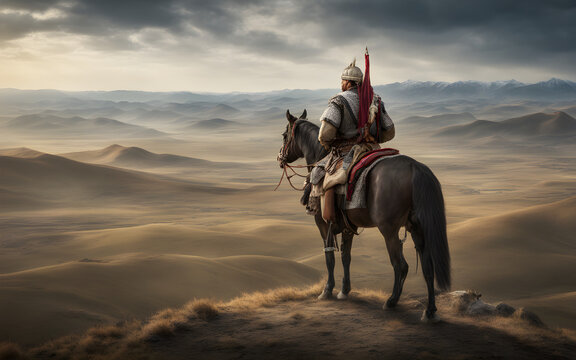 Mongolian fighter surveying the vast Mongolian steppes from a hilltop, horsemen and tents in the expansive landscape below