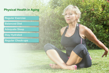 Physical Health in Aging Concept. Attractive senior blond woman is exercising in the garden. 