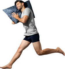 Sleepy Caucasian man with soft pillow jumping PNG file no background 