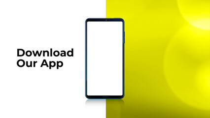 Download our app advertising yellow banner. Phone mockup. App for mobile. UI and UX design. Vector illustration. Smartphone download app landing page for website and social media banner.
