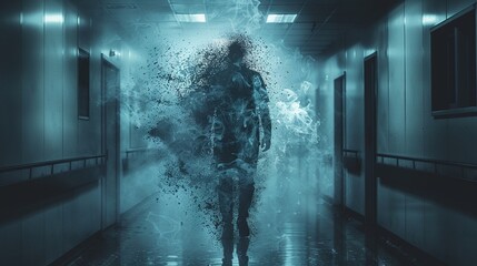 Conceptual image depicting a healthcare workers silhouette dissolving into fine particles, representing the burnout epidemic in the medical profession The background is a busy hospital corridor - obrazy, fototapety, plakaty