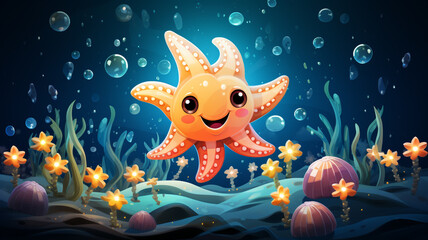 A cute logo icon of a giggling starfish on an underwater coral reef with colorful fish background.
