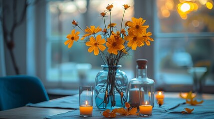   A vase with yellow flowers sits atop a table, accompanied by two vases with orange blossoms