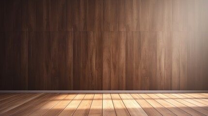 Minimal interior design background with sunlit wood laminate floor and shadow on dark wooden wall panel ing (1) - obrazy, fototapety, plakaty