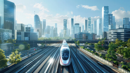 Naklejka premium Train Traveling Through City With Tall Buildings