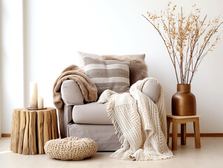 Scandinavian, hygge interior design of modern living room, home. Grey armchiar with pillows and knitted plaid.