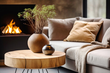 Obraz premium Scandinavian interior design of modern living room, home. Close up of round wooden coffee table near grey sofa against fireplace.