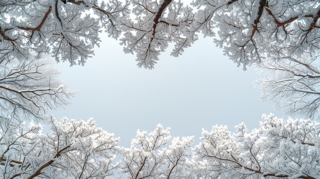   A sky peeking through a snow-covered tree branches, blue in the backdrop