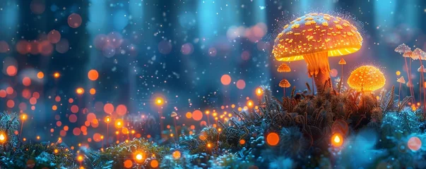 Wandcirkels plexiglas Enchanted forest, glowing mushrooms, mystical creatures, at twilight, realistic photography, golden hour, depth of field bokeh effect © AnuStudio