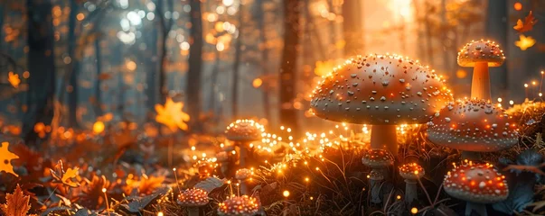Foto auf Glas Enchanted forest, glowing mushrooms, mystical creatures, at twilight, realistic photography, golden hour, depth of field bokeh effect © AnuStudio