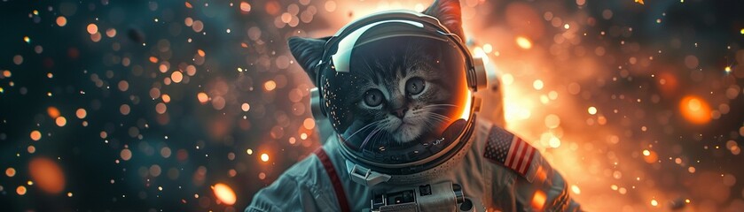 Cat in astronaut outfit floating in space, surrounded by floating meme emojis and viral hashtags Realistic, spotlight, lens flare, depth of field bokeh effect - obrazy, fototapety, plakaty