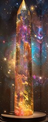 Celestial Sculpture, Crystal Clad, Elongated Form, Displayed in Extraterrestrial Museum, Nebulous Atmosphere, Hyper-realistic, Subtle Backlights, Chromatic Aberration