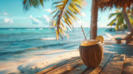 Cocktail in a coconut with straws and décor on the table, the ocean and a palm tree are in the background - obrazy, fototapety, plakaty