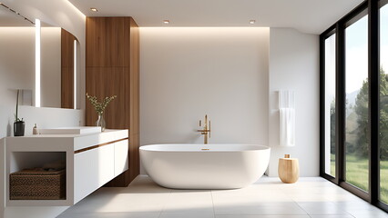 Fototapeta na wymiar Modern Luxury Bathroom Design, Elegant Wooden Accents, Natural Lighting