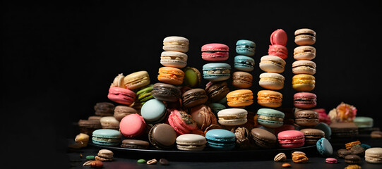 Colorful macarons cakes. Small French cakes. Sweet and colorful french macaroons. On black backgroundgenerative by ai..